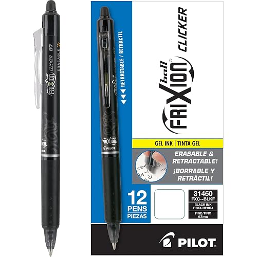 PILOT FriXion Clicker Erasable Gel Ink Pens, 0.7mm, Black Ink, 12-Pack | Frixion erasable pens, stress-free rewrites, black erasable pens with retractable tip, refillable, quick-drying, fine point