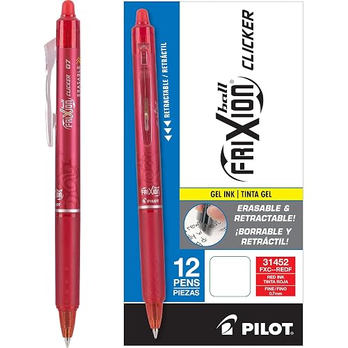 PILOT FriXion Clicker Erasable Gel Ink Pens, 0.7mm, Red Ink, 12-Pack | Frixion erasable pens, stress-free rewrites, red erasable pens with retractable tip, refillable, quick-drying, fine point