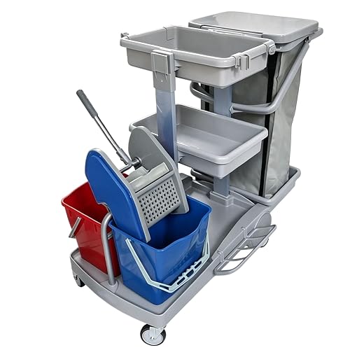 Vttui Mobile Janitor Cleaning Trolley Equipped with Mop Wringer Bucket Set | Multi-Layer Storage Shelves and Removable Waste Bag, Commercial Housekeeping Cart for Workplace and Public Area Sanitation