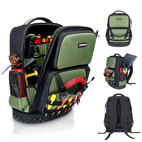 Tool Backpack Heavy Duty, Tool Bag Backpack For Men, Large Empty Toolbag Organizer with Waterproof Molded Hard Bottom, Utility Tool Laptop Storage Back Pack, HVAC Technician Electrician Construction