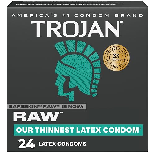 Trojan Raw Thin Latex Condoms for Men, 24 Count | America's Thinnest Latex Condoms, Lubricated, Premium Latex, Helps Reduce Risk of Pregnancy and STIs