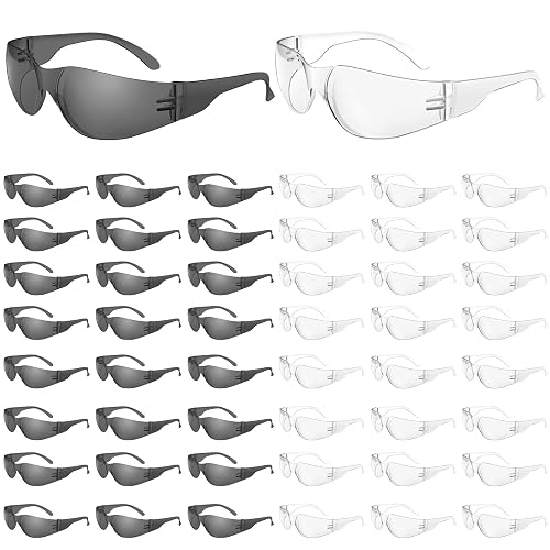 WFEANG 50 Pack Safety Glasses With ANSI Z87.1 (25 Pack Clear+25 Pack Grey) | Anti Scratch, Impact Resistant, In Bulk, Lightweight, Lab DIY, Indoor/Outdoor, Wraparound Coverage, One Size