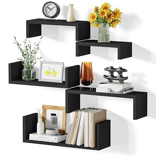 SRIWATANA Black Floating Shelves, Set of 5 Solid Wood Wall Mounted Shelves | Space-Saving 5-Pack Wall Shelves for Industrial Home Decor, Perfect to Display Collectibles or Organize Office Supplies
