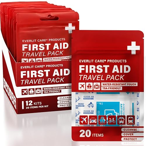 EVERLIT CARE Travel Bandage Pack | 12 Individual Packets, Bulk Portable Mini First Aid Kit with 20 On-the-Go Essentials | Compact Water-Resistant Reusable Pouch to Clean, Cover & Protect