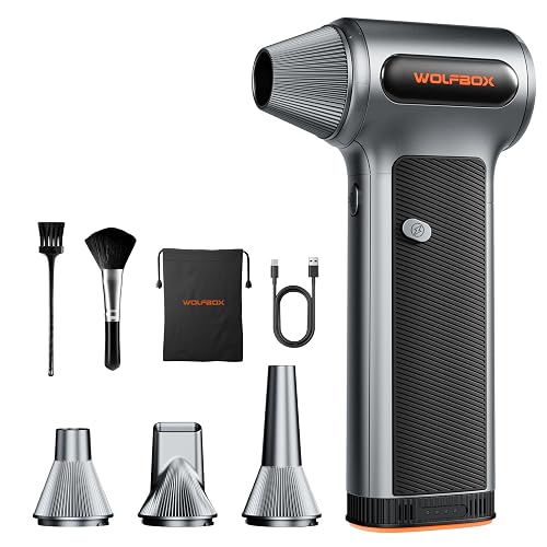 WOLFBOX MF200 Compressed Air Duster, Removable Battery, Car Cleaning, Home | 4 Nozzles, Cordless, 3-Speed Adjustable, Mini Blower, Computer Keyboard, Outdoor Use, 0.85 lb Portable, 2 Brushes