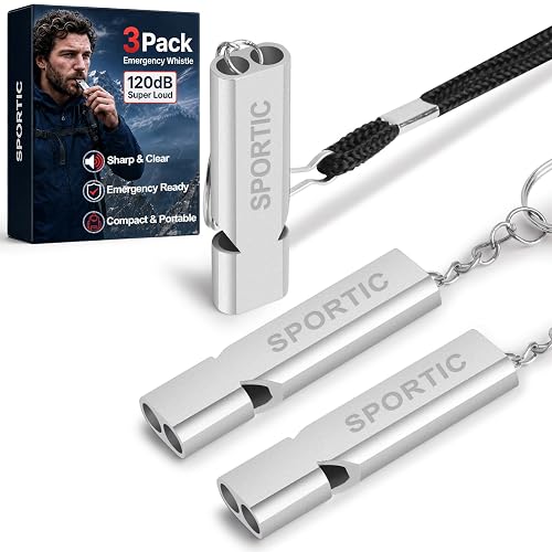 SPORTIC Emergency Whistles 3 Pack, Stainless Steel Camping Signal Whistles | Loud dual-tube pealess safety whistles with lanyards and keyrings for hiking, boating, kayaking, coaching, and emergency kits