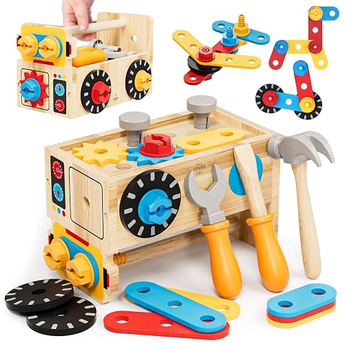 Lehoo Castle Montessori Kids Tool Set, Wooden Toddler Tool Set for Ages 2-4 | STEM Pretend Play Tool Box, Construction Toddler Tool Bench, Educational Learning Toys for 2 3 4 Year Old Boys Birthday Girls