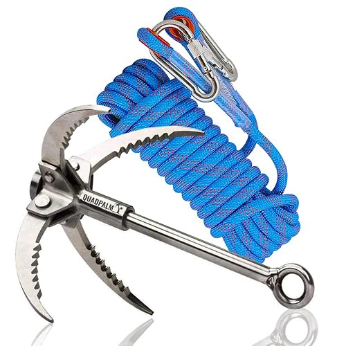 Grappling Hook with 10m Rope – Multifunctional QUADPALM Grapple Hook - 4 Stainless Steel Folding Claws - Heavy Duty - Outdoor Camping Hiking Tree Rock Mountain Climbing Equipment
