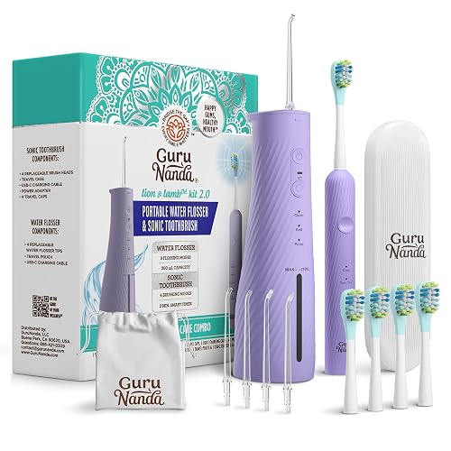 GuruNanda Electric Toothbrush & Water Flosser, 4 Toothbrush Heads, 4 Tips | Lion & Lamb 2.0 Water Flosser Cordless & Soft Electric Toothbrush for Adults|Travel Case & Pouch|Bulit-Intip Storage|Lavender