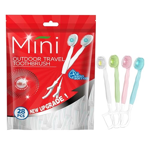KUGUAN 28 Packs Mini Brushes Disposable Toothbrushes, Mix Flover | with Toothpaste, Floss, Pick, Tongue Scraper, Travel Size Business Trip Individually Wrapped