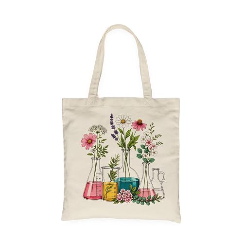 TRUMPETIC Science Teacher Tote Bag, Floral Beakers Laboratory Chemistry Gift for Teacher Science MLT Medical Lab Tech