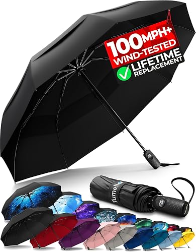 TUMELLA Strongest Windproof Travel Umbrella (Compact, 100MPH Wind-Tested), Light, Portable, One-Handed Use, Automatic Folding Rain Umbrella, Durable, Premium Grip, Fits Car & Backpack