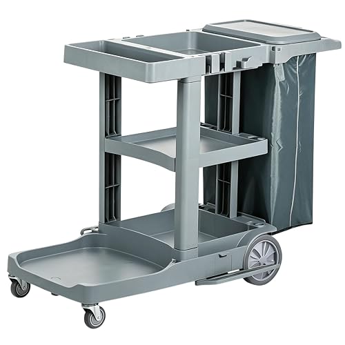 Vttui Janitor Cart, Rolling Housekeeping Trolley with Storage Trays | Detachable Waste Bag, Mobile Cleaning Service Cart for Hotel Office School Sanitation Work
