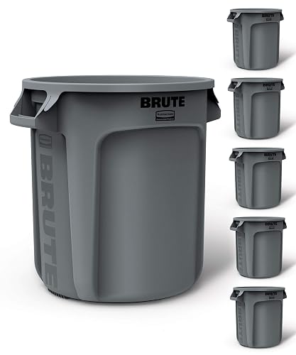 Rubbermaid Commercial Products BRUTE Heavy-Duty Round Trash/Garbage Can, 10-Gallon, Gray, Outdoor Waste Container for Landscapers/Construction/Restaurants/Back of House/Offices/Warehouses, Pack of 6