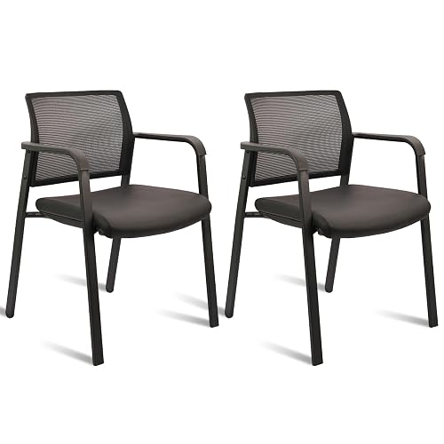 CLATINA Stackable Office Chair, Mesh Back Guest Chairs with Comfortable Leather Seat Arms Stacking Ergonomic Desk Chair No Wheels for Conference Waiting Reception School Stationary, Black, Set of 2