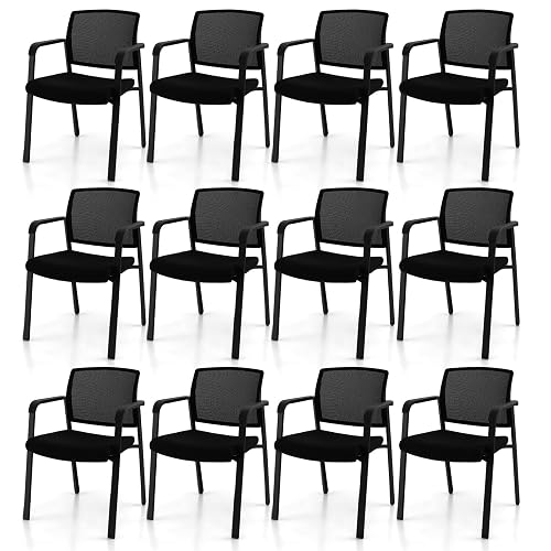 GIANTEX 12-Pack Reception Room Chair Set with Mesh Back, Metal Frame & Padded Seat, Armrests, No Wheels, Stacking Guest Chairs for Office, Waiting Room, Lobby, Meeting, Black