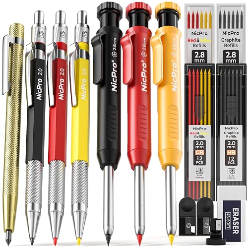 Nicpro 16 Pack Mechanical Carpenter Pencil Set with 42 Refill & Scribe Tool | Heavy Duty Construction Pencils, Comfortable Grip Woodworking Pencils for Architect Marking