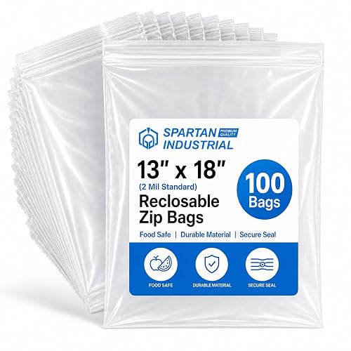 13" X 18" (100 Count) 2 Mil Clear Reclosable Zip Plastic Poly Bags | with Resealable Lock Seal Zipper - Spartan Industrial