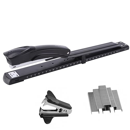 Long Reach Stapler,with 2000 Staples & Stapler Remover Full Strip，20-25 Sheet Capacity,with Built-in Ruler and Adjustable Locking Paper Guide, Gray