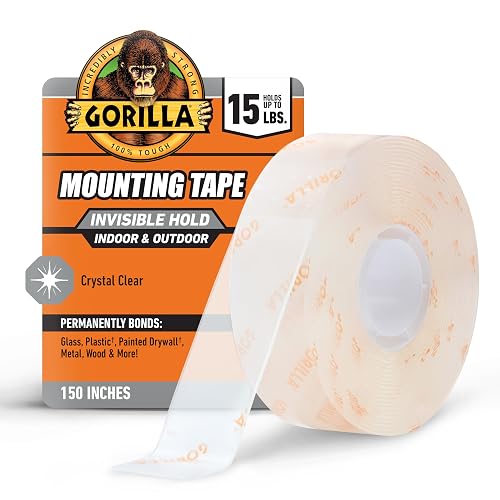 GORILLA Invisible Hold Mounting Tape, Clear Double-Sided Tape, 1" x 150" | Holds up to 15 lbs, clear adhesive, invisible hold, permanent bond, hanging décor, signs & displays, indoor & outdoor use