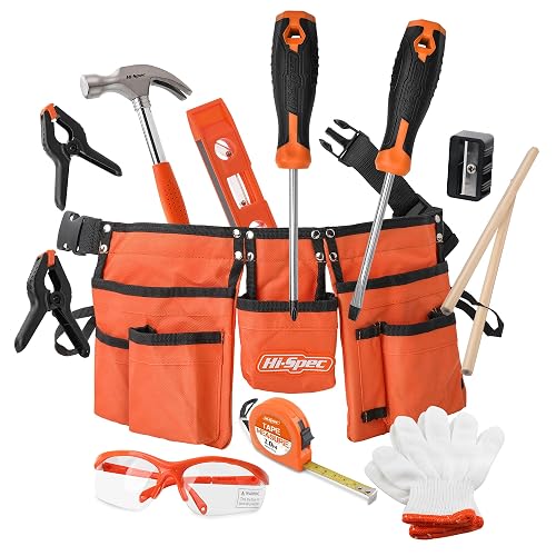 Hi-Spec 16pc Orange Kids Tool Kit Set & Child Size Tool Belt. Real Kit for DIY Building, Woodwork & Construction Learning for Kids