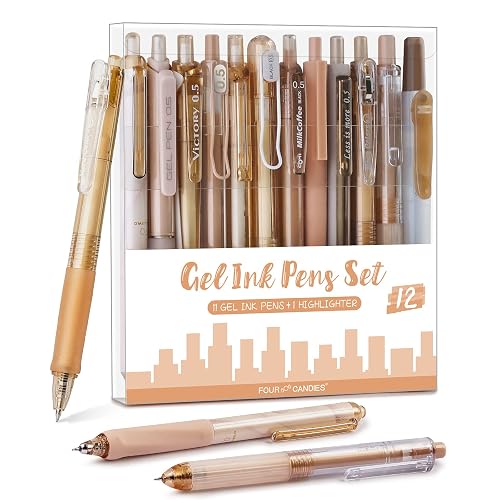 Four Candies Moor Gel Pens, Brown & Black Ink, 0.5mm, 12 Count | Boho Aesthetic Office Decor & Desk Accessories, Neutral Beige School Supplies, Fine Point, Smooth Writing, Journaling