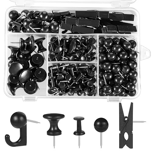 BESARME 200 Pcs Push Pins for Bulletin Board, Thumb Tacks for Cork Board | Black, Reusable, 5 Style Thumbtacks for Wall Maps Pictures Office Back to School Supplies