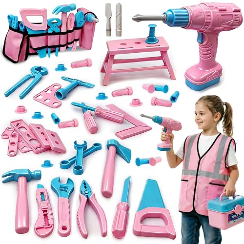 Kids Tool Set Kids Tool Box Kit Construction Toys | with Kids Tool Belt Electronic Drill Vest 55 Pcs Kids Pretend Play Tool Toys Christmas Birthday Gifts for Boys Girls