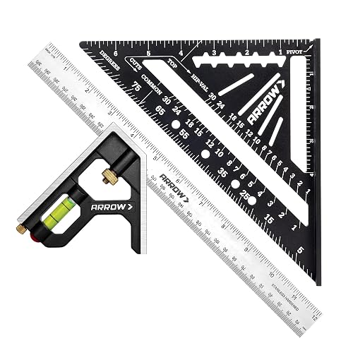 Arrow 7" Alloy Carpenter Square and 12" Combination Square Set | Aluminum Alloy, Zinc Alloy, Woodworking Rafter, Layout Ruler, Carpenter Tool, Craftsmen, DIY, Household Repairs