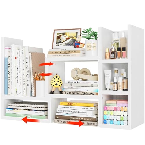 NUTIKAS Desk Shelves Desktop Organizer Shelf - White Office Organization for Top of Desk Organizers and Accessories Corner Bookshelf Table Top Shelving Small Hutch Decorations for Women Office