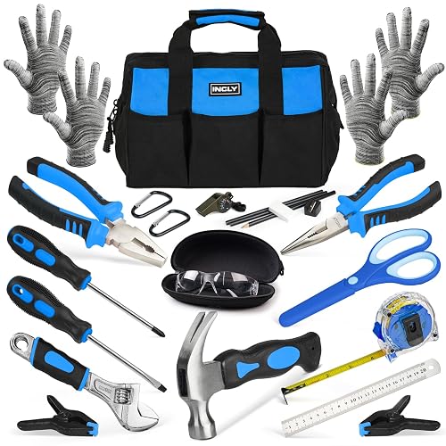 INCLY 24 PCS Kids Real Tool Set with Tool Bag, Small Real Hand Tools Kit | Boys Children Construction Learning Tools, Hammer Screwdriver for Home DIY Building & Woodworking