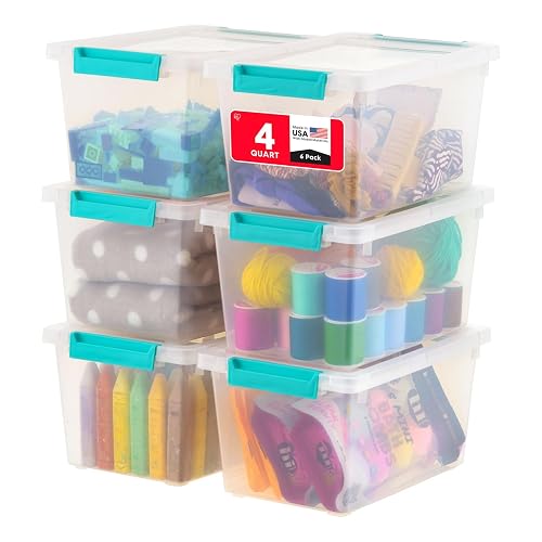 IRIS USA Storage Bins with Lids |Made in USA| 4 Qt - (6-Pack) - Clear | 10.25"L x 7.25"W x 5.62"H - Sensory Craft Organizers, Plastic Clip Box Totes for Paper, Office, Art & Study Supplies