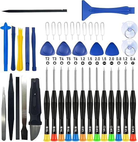 42-Piece Professional Electronics Opening Pry Tool Repair Kit with Steel and Carbon Fiber Nylon Spudgers, Anti-Static Tweezers and 13 Screwdrivers for Open Cellphone, Laptops, Tablets (Multicolor)