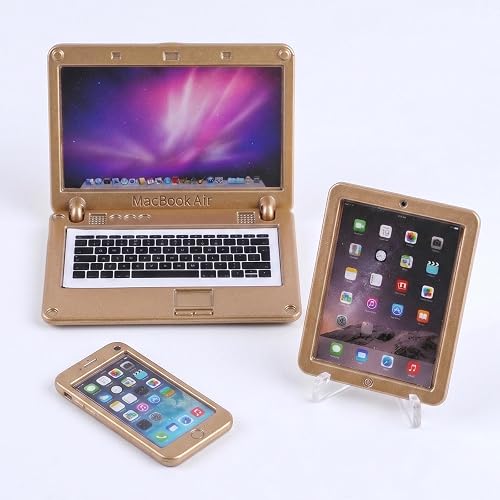 3-Piece Metal Miniature Tech Set - 1:12 Scale Dollhouse Laptop, Tablet & Smartphone with Opening Laptop, Realistic Details for Dollhouse Decor & Role Play Computer Toy Office Accessories(Gold)