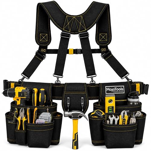 MoJoTools Tool Belt with Suspenders, 1680D Heavy Duty Tool Rig | 1680D heavy duty tool belt with padded suspenders, magnetic holder, hammer loop and pockets for carpenters.