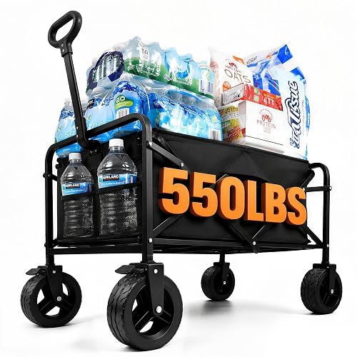 Heavy Duty Foldable Wagon for Shopping Camping Moving, All-Terrain Wheels | 550LBS Capacity, 120L Storage, Adjustable Handle, Compact, Utility Wagon for Grocery, Laundry, Sports Gear, Front Brake