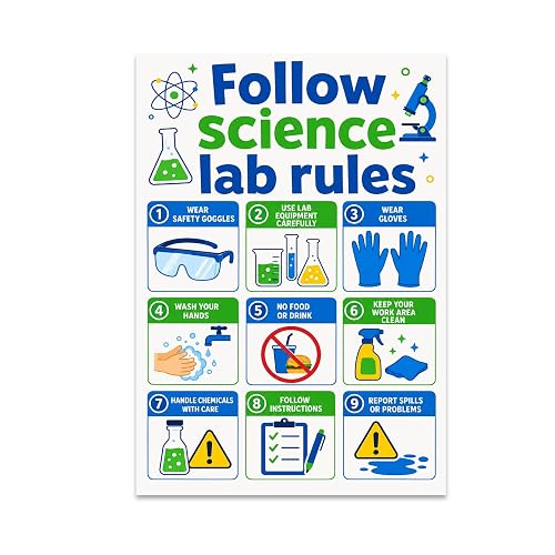 STEM Classroom Poster - Follow Science Lab Rules - 13x19 | Science lab safety wall chart with PPE hygiene chemical handling and emergency reminders for classrooms labs and STEM spaces