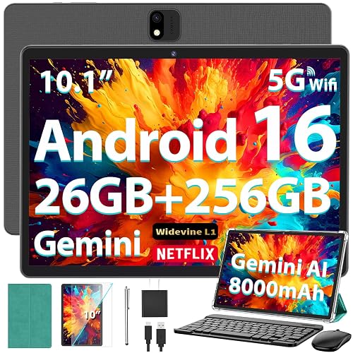 10 Inch Tablet with Keyboard, Gemini AI Android 16 Tablet with 26GB+256GB | 2-in-1 AI Tablet with Octa-Core, 5G WiFi, 8000mAh, Widevine L1, GMS, Electronic Tablet PC with Case, Mouse, Stylus(Green)