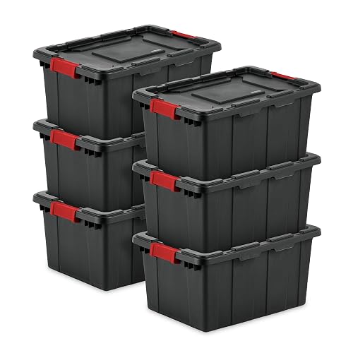 Sterilite 15 Gallon Industrial Tote, Rugged Plastic Storage, Black, 6 Pack | Heavy-Duty and Stackable Utility Box Containers for Home, Office, and Basement Organization, Black