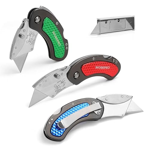WORKPRO Folding Utility Knife Set, 3-Piece Colorful Box Cutters | Quick-Change Blade Razor Knife with Back-Lock Mechanism, 10 Extra Blades, for DIY, Home, Office, Arts & Crafts Use