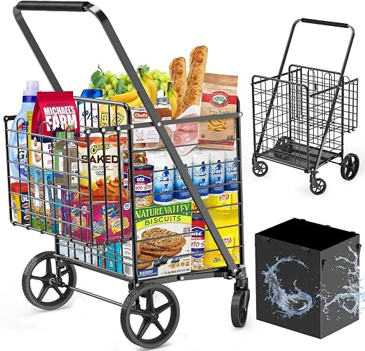 455lbs Shopping Cart for Groceries, Large Heavy Duty Grocery Cart on Wheels | Folding Dual Basket Utility Carts with Waterproof Liner, Shopping Carts for Transport, Laundry, Gift, Luggage