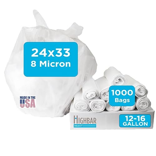Highbar Select 16 Gallon Trash Bags - 8 micron, 1000 Per Case, 24" x 33", 20 Rolls of 50, High Density Clear Trash Can Liners, Ideal for Commercial, Industrial, Office, and Bathroom Use