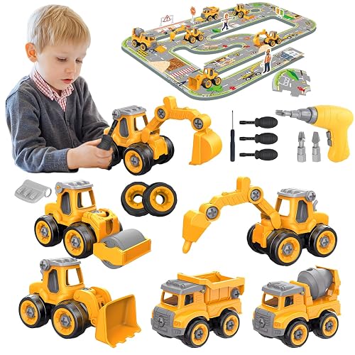 Trovogil Take Apart Construction Truck Excavator Toys for Kids Ages 3-8, STEM Learning Building Toys with Electric Drill & Puzzle Play, Educational Engineering Birthday for Boys Kids Toddlers