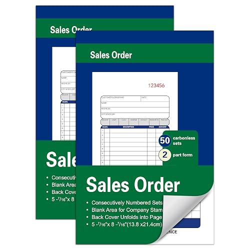 2 Pack Sales Order Books,50 Sets,5-7/16 x 8-7/16 Inches,2-Part Carbonless | White/Canary/Pink,2-Part Carbonless Sales Order Forms & Receipts,for Work Orders,Service Reports,Business Invoices & Records