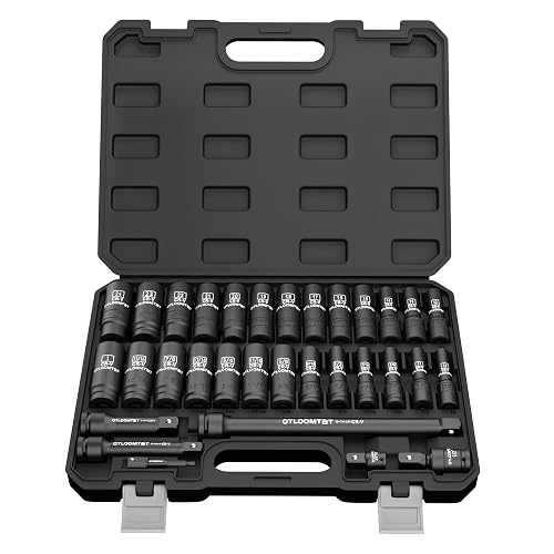 OTLOOMTBT 32PCS Impact Socket Set 1/2" Drive Metric & SAE Deep Sockets | Heavy Duty CR-V Steel Construction with 3 Extension Bar, 6-Point Design, Laser Markings & Storage Case for Auto Repair