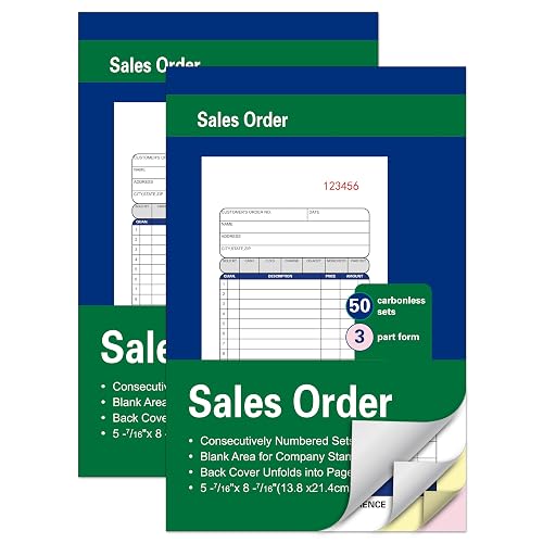 2 Pack Sales Order Books,3-Part,Carbonless,5-7/16 x 8-7/16 Inches,50 Sets | White/Canary/Pink, 3-Part Carbonless Copies of Receipt Books, for Work Orders, Service Reports, Business Invoices & Records