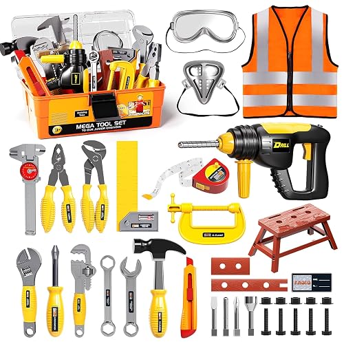 FRRJUY Kids Tool Set for Boys Electronic Toy Drill & Box | Toddler Tool Set STEM Pretend Play Construction Toys with Costume Vest, Educational Gifts for Age 3 4 5 6 7 Year Old