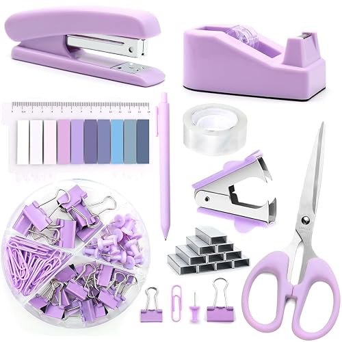 Office Supplies,Purple Desk Accessories,Office Supplies Set,Stapler and Tape Dispenser Set,Scissors,Staple Remover,Binder Clips,Staples,Ballpoint Pen,Index Tabs with Ruler,Clear Tape.9pcs for Office