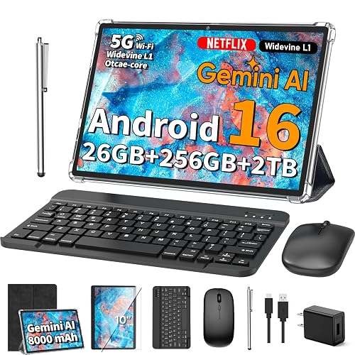 10 Inch Tablet with Keyboard - Android 16 Tablet with 26GB+256GB+2TB Expand | Gemini AI Tablet PC with 8-Core, 5G WiFi, 8000mAh, GPS, GMS, 2026 2 in 1 Electronic Tablet with Case, Mouse, Stylus (Black)