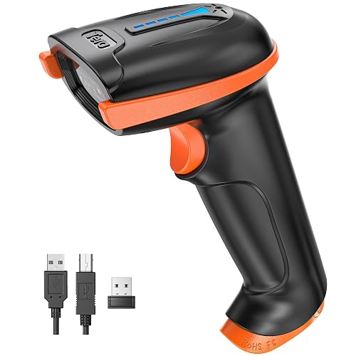 Tera Barcode Scanner with Battery Indicator: 2D Wireless, D5100 Orange | USB Wired, 2.4G Wireless, 2200mAh Battery, 1D 2D QR Scanning, IP54 Protection, Retail Checkout Warehouse School PC Phone